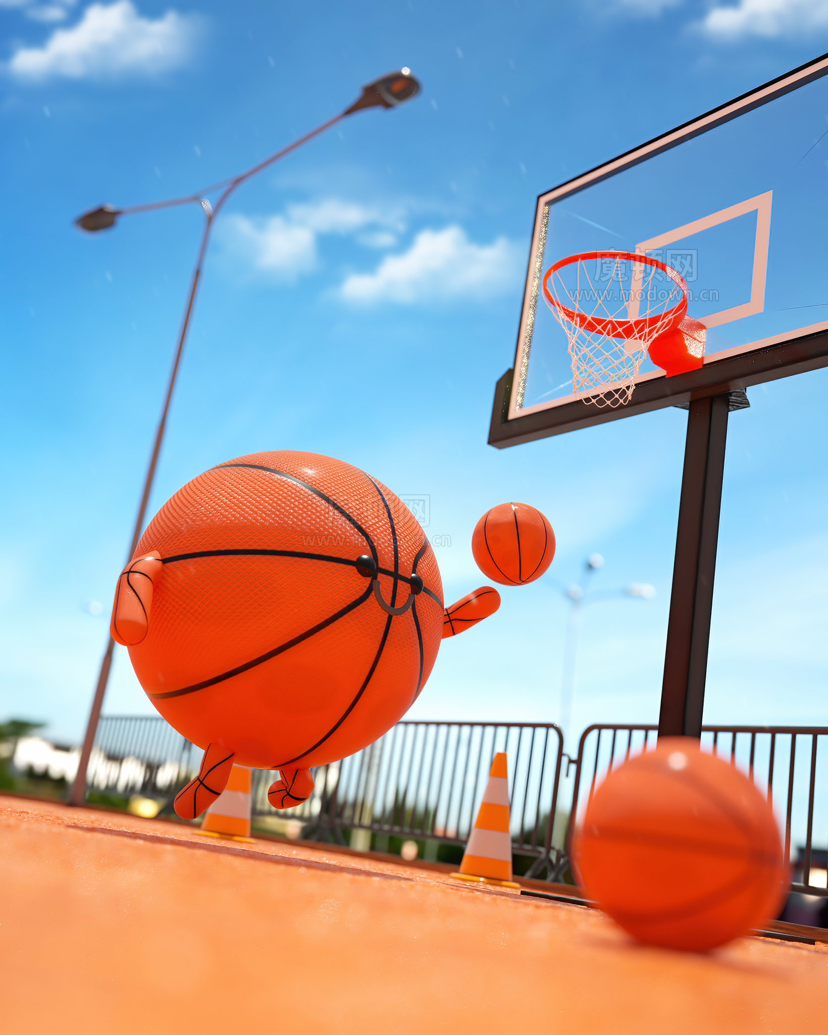 Companion render from the early concept stage — basketball-character study before the brief locked onto the World Cup ball.
