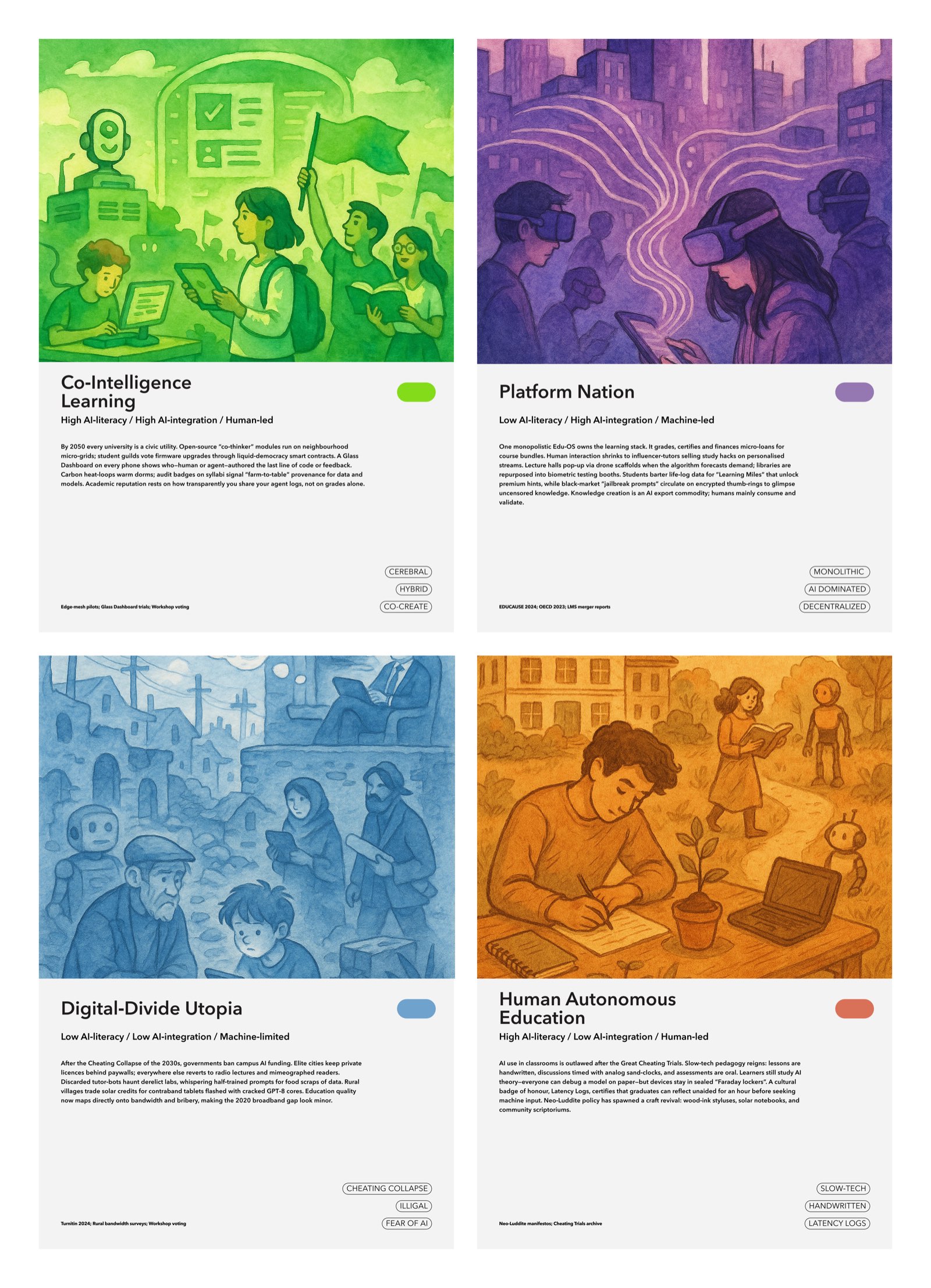 Four plausible 2050 scenarios for AI in education — the futures grid that the embodied Six Hats build is responding to.