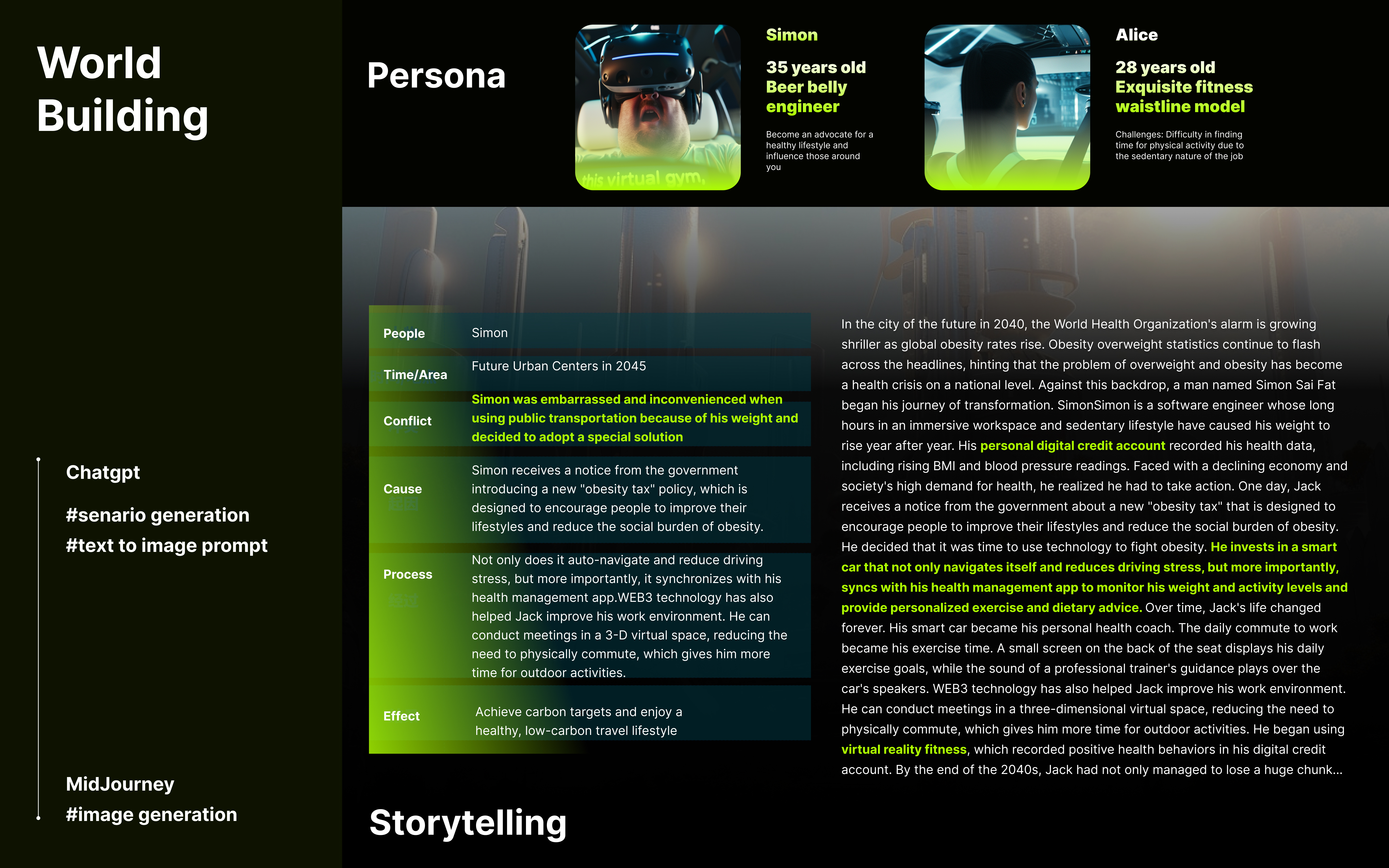 World building — two personas (Simon, the 35-year-old engineer; Alice, the 28-year-old fitness model) carrying a parallel storytelling structure.