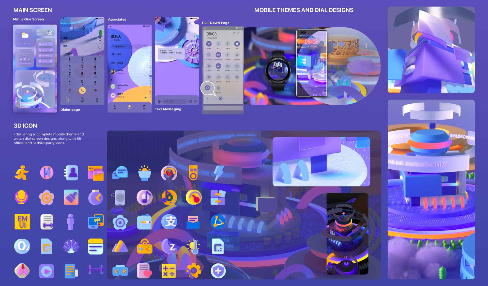 3D scene system, lockscreen interaction (anecdote-pressing + swipeable POV), day/night mode, multiple wallpaper variants, and the weather-icon family.